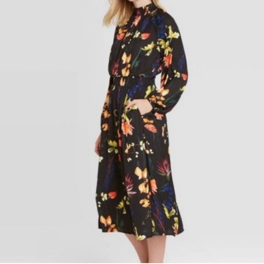 A New Day Black Floral Long Sleeve Dress, Size Small